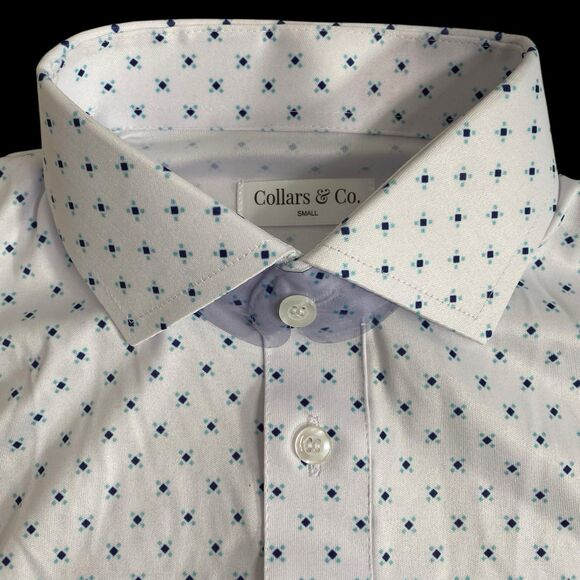 Collars & Co Polo Shirt Mens S White Blue Diamond Preppy Dress Collar Office NEW